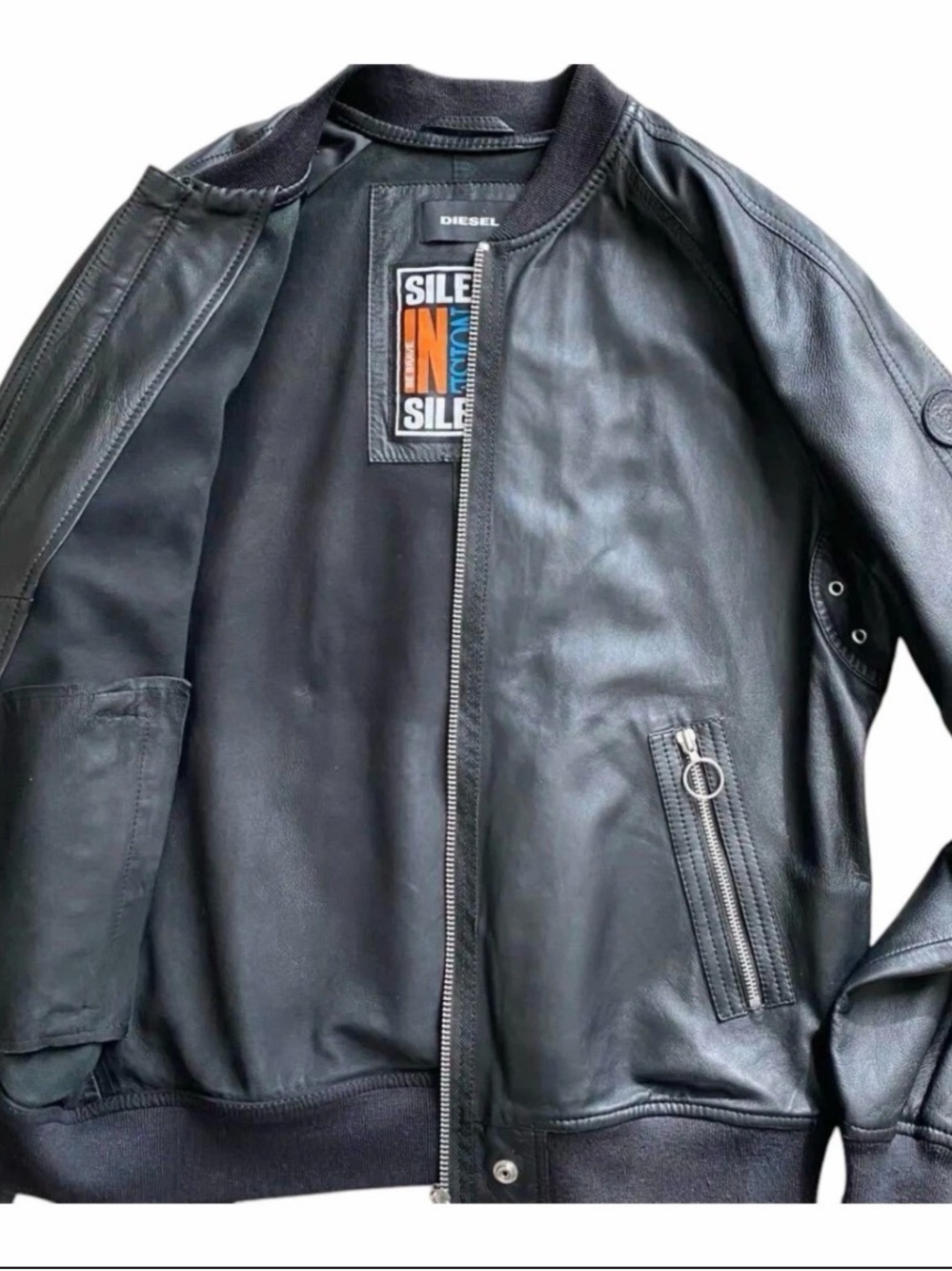 Diesel Black Leather Bomber Jacket with Silver Zipper Detail